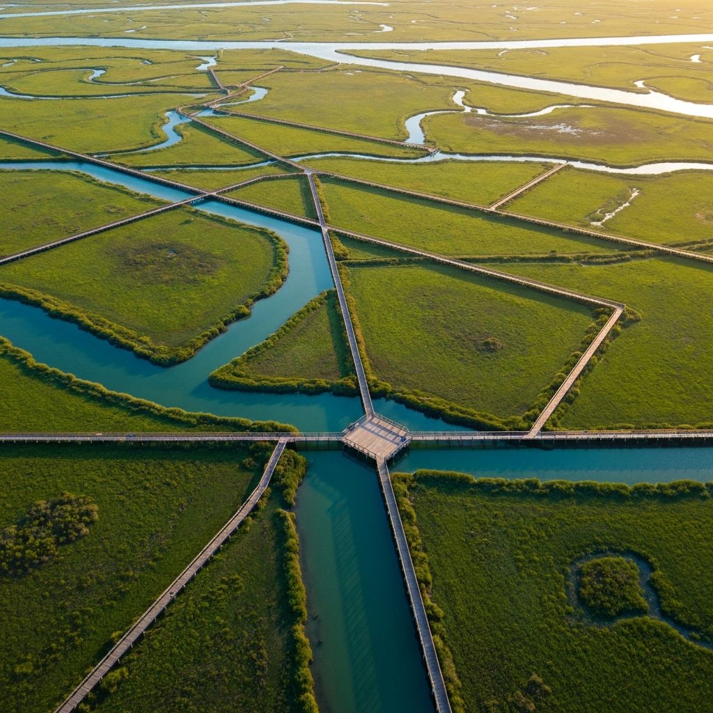 Aerial view of winding boardwalk paths through vast Gulf Coast marshland